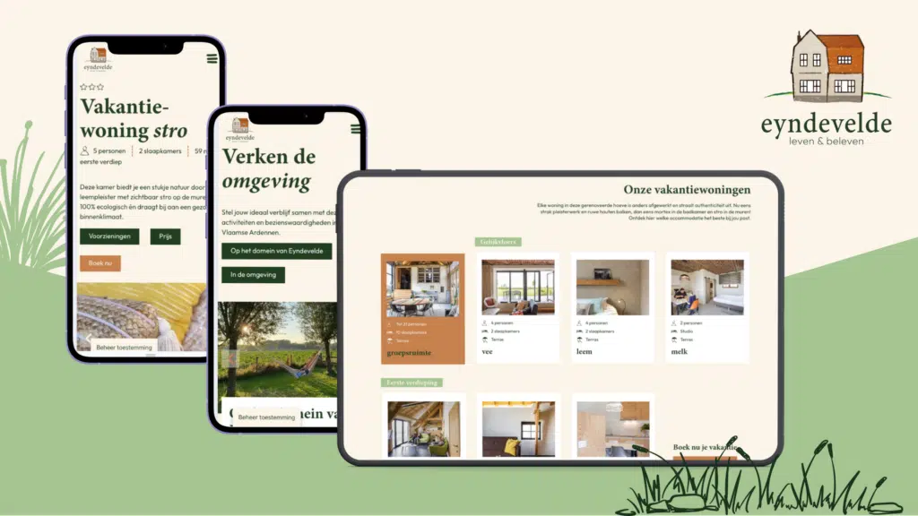 Eyndevelde vakantiewoningen website mockup op smartphone en tablet met overzicht van vakantiewoningen, branding en logo