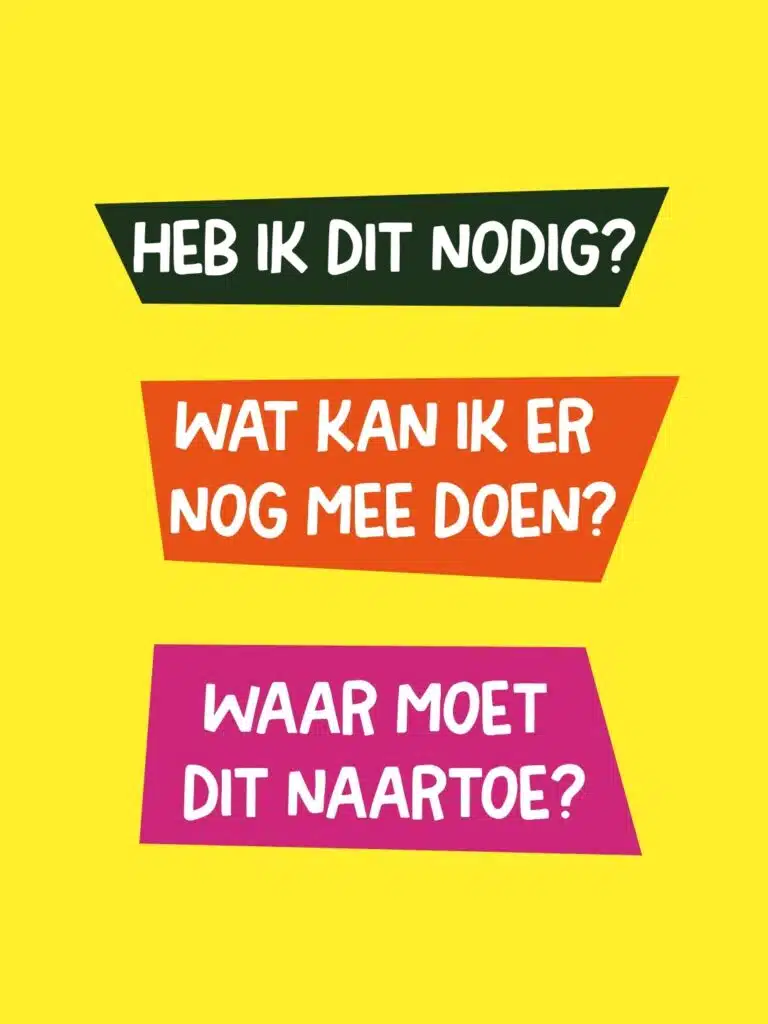 Gele poster met drie vragen over voedselverspilling: 'Heb ik dit nodig?', 'Wat kan ik er nog mee doen?' en 'Waar moet dit naa