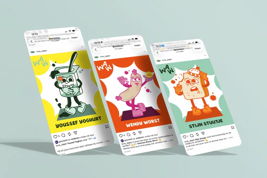 Drie smartphones tonen kleurrijke IVVO social media posts met WAW-mascottes: Youssef Yoghurt, Wendy Worst en Stijn Stuutje te