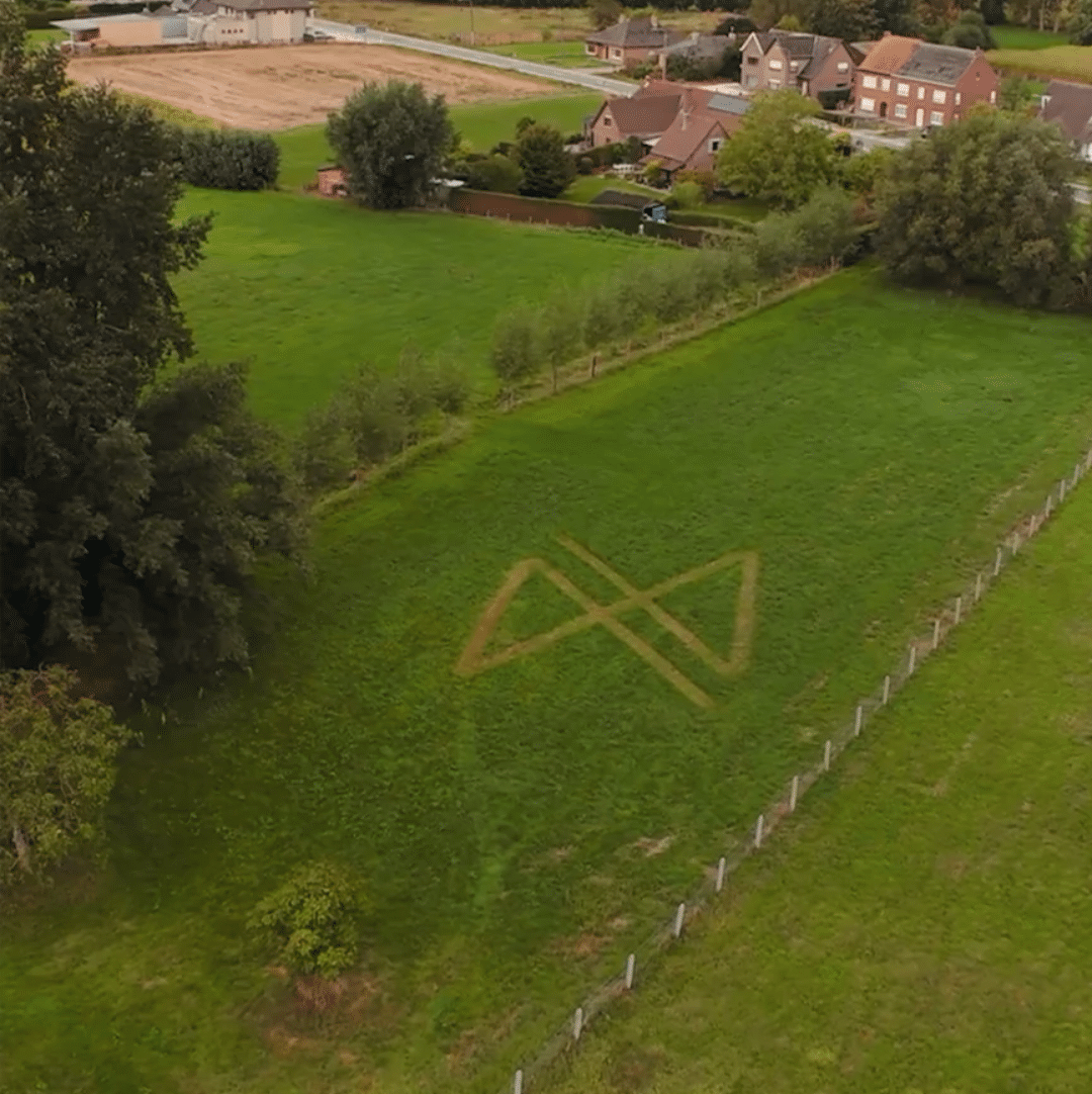 Luchtfoto van een graancirkel in de vorm van het Graviteit-logo in een groene weide in Wichelen, omringd door Vlaamse landbou