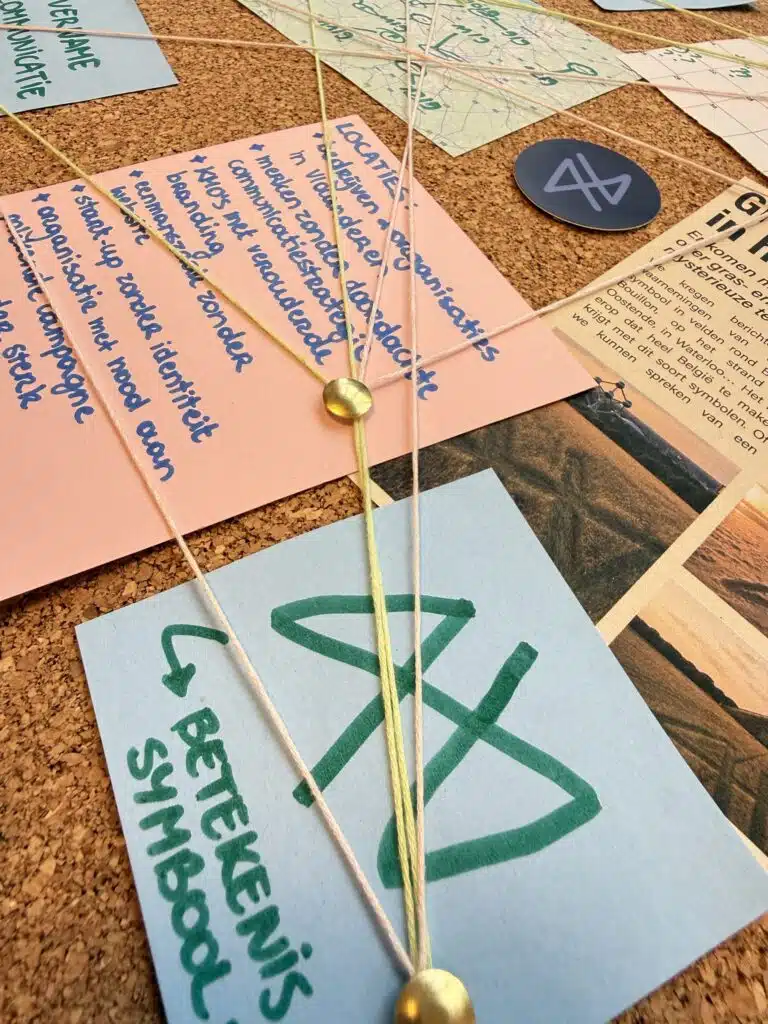 Creatief onderzoeksbord met kaarten, notities en touwtjes over graancirkel branding – communicatiestrategie brainstorm bij Gr