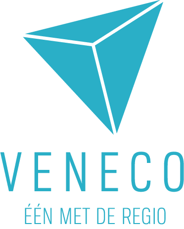 Veneco logo met teal geometrische 3D-pijlvorm en tagline 'één met de regio' – klant van communicatiebureau Graviteit