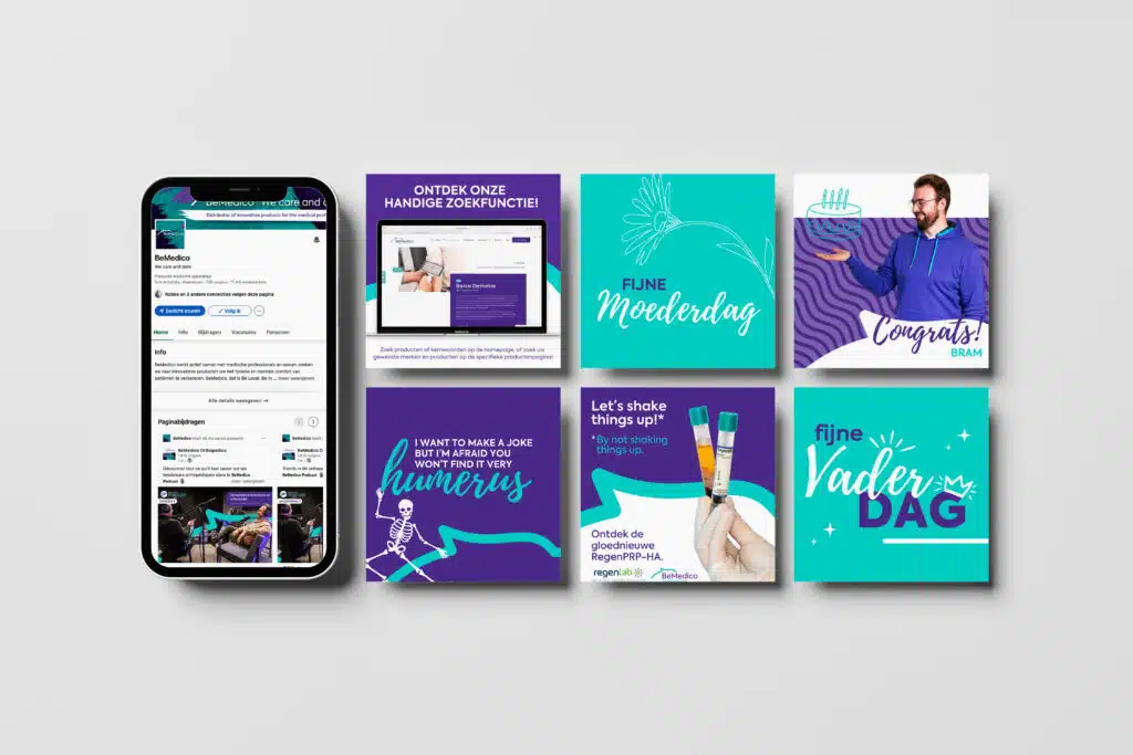 BeMedico social media posts mockup op smartphone: paarse en turquoise campagnebeelden voor Moederdag, Vaderdag, PRP-campagne