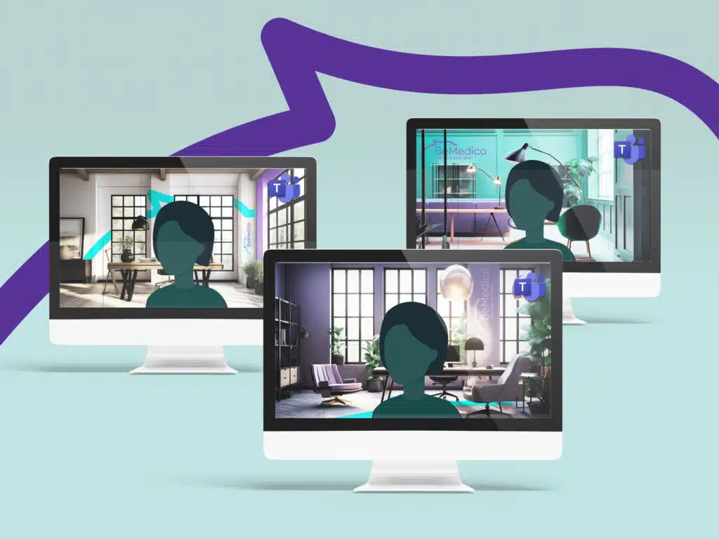 Drie computerschermen tonen BeMedico Microsoft Teams-achtergronden in paars en turquoise kantoorstijl, ontworpen door Gravite